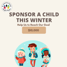 Child in winter gear and a banner asking people to sponsor a child this winter